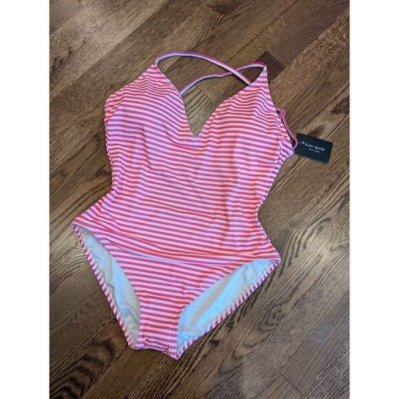 KATE SPADE Ringmaster Swimsuit Striped Radiant Pink Plunging V-neck Size M BNWT - Picture 1 of 16